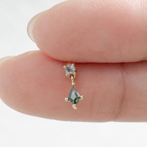 14K Solid Gold Swiss Blue Topaz Drop Earring/Moss Agate Cartilage Dangle/Helix Labret Piercing/Threadless Push Pin/Flat Back Earlobe Stud