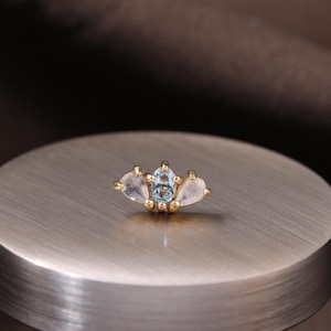 14K Solid Gold Swiss Blue Topaz Ear Climber/Threadless Labradorite Earring/Swiss Blue Helix Conch Cartilage Piercing/Flat Push Back Earring