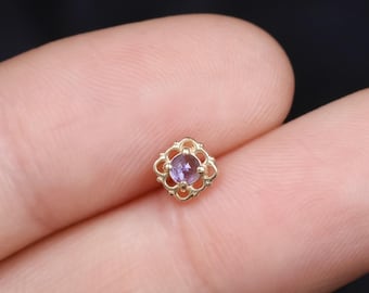 14K Solid Gold Iolite Gemstone Flower Stud /Iolite Threadless Piercing/Helix Conch Flat Back Earring/Elegant Rose Cut Stud/Tragus Earring