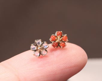 14K Solid Gold Floral Moonstone Stud/Red Agate Floral Cartilage Piercing/Conch Tragus Piercing/Flat Back Earring/Threadless Push Pin