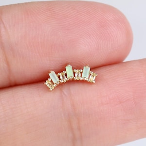 14K Solid Gold Baguette Jade Climber Stud Earring/Dainty Peridot Helix Cartilage Flat Back/Gold Cluster Earlobe Piercing Jewelry