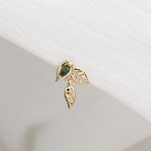 14K Solid Gold Marquise Moss Agate Helix Stud Earring/Dainty Golden Triple Leaf Cartilage Flat Back/Dangle Leaf Earlobe Piercing Jewelry