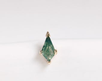 14k Solid Gold Kite Moss Agate Stud Earring/Moss Agate Cartilage Piercing/Gold Helix Conch Stud/Flat Back Earring/Threadless Push Pin
