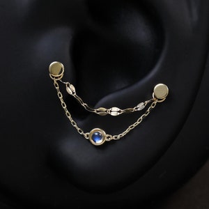 Attache-chaîne en or massif 14 carats avec pierre de lune / Piercing chaîne en or et pierre de lune / Connecteur de chaîne / Chaîne à maillons avec pierre précieuse / Chaîne pour cartilage