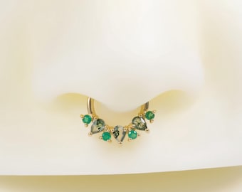 14k Solid Gold Moss Agate Daith Piercing Clicker/Chrysoprase Hinged Ring/Nose Septum Ring/Moss Agate Hoop Earring/Gold Helix Clicker 16g