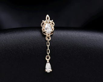 14K Solid Gold Vintage Halo Chain Drop Helix Stud/ Teardrop Moissanite Dangle Cartilage Piercing/ Dainty Royal Earlobe Flat Back Earring