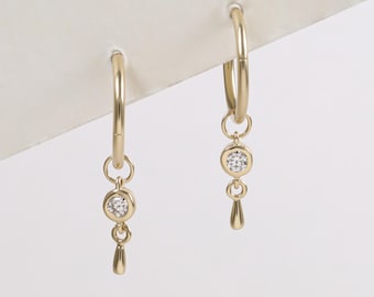 14K Solid Gold Round Moissanite Dangle Hoop Charm, Drop Teardrop Helix Clicker Charm, Minimalist Cartilage Rook Earlobe Piercing Charm
