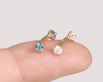 14K Solid Gold Moissanite Rook Curved Barbell, Dainty London Blue Topaz Eyebrow Ring, Minimalist Rook Internally Threaded Piercing Jewelry