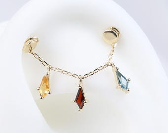 14k Solid Gold London Blue Topaz Chain Attachment/Kite Shape Garnet Chain Piercing/Citrine Linking Chain Connector/Gemstone Loop Chain