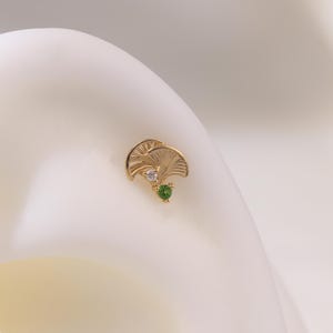 14K Solid Gold Ginkgo Leaf Earring/Moissanite Golden Flat Back Earring/Threadless Push Pin/Peridot Conch Helix Cartilage/Labret Piercing