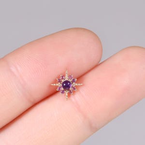 14K Solid Gold Amethyst Floral Stud/Rhodolite Granat Starburst Knorpel Piercing/Flat Back Ohrring/Threadless Helix Tragus Conch Ohrring
