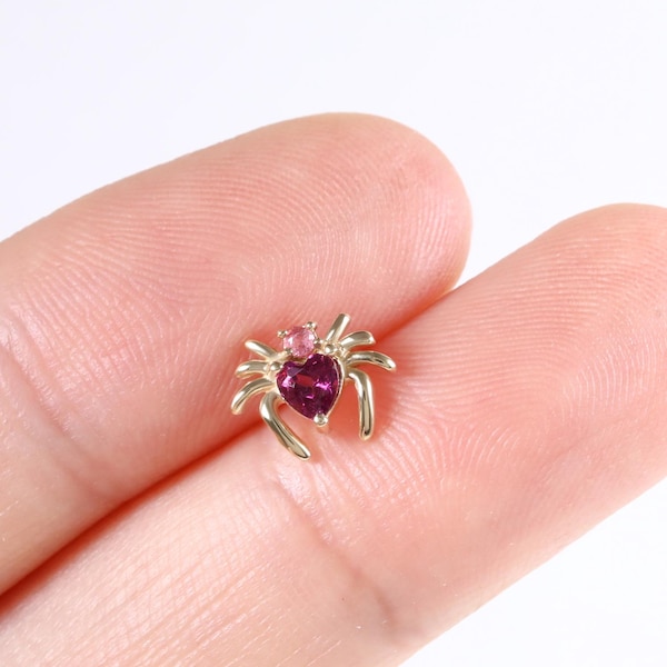 14K Solid Gold Spinne Pink Turmalin Helix Ohrstecker/Herz Rhodolith Granat Nase Threadless Pin/Tiny Spinne Knorpel Ohrläppchen Piercing