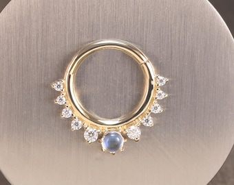14K Solid Gold Moonstone Clicker/Gold Daith Hoop/Moonstone Septum Ring/Moissanite Nose Ring/Gold Helix Ring/Nose Piecing/Gold Conch Ring 16g