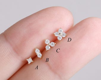 14K Solid Gold Moissanite Floral Helix Stud Earring, Delicate Flower Cartilage Threadless Flat Back, Round Earlobe Conch Piercing Jewelry