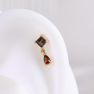 14k Solid Gold Garnet Dangle Earring/Smoky Topaz Pear Cartilage Piercing Stud/Gold Garnet Drop Helix Tragus Conch Stud/Flat Back Earring