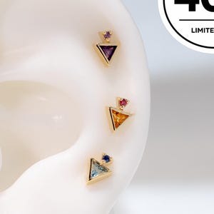 14K Solid Gold Triangle Fish Stud Earring/Blue Topaz/Amethyst/Citrine/Sapphire Geometry Gemstone Stud/Conch Helix Daith Threadless Piercing