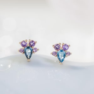 Boucles d'oreilles en or massif 14 carats avec topazes bleues de Londres/Améthyste sans fil, boucles d'oreilles pour cartilage, pierres précieuses à l'arrière et Piercing pour conque Helix Tragus