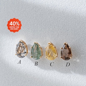 14k Solid Gold Pear Smoky Quartz Cartilage Stud/Black Rutilated Quartz Helix Piercing/Golden Hair Quartz Stud/Moss Agate Flat Back Earring