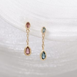 14K Solid Gold Pink Tourmaline Dangle Stud Earring/Dainty Pear London Blue Topaz Helix Flat Back/Drop Cartilage Earlobe Piercing Jewelry