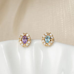 14k Solid Gold Swiss Blue Topaz Stud/Amethyst Cartilage Earring/Moissanite Helix Conch Piercing/Threadless Push Pin/Flat Back Earring