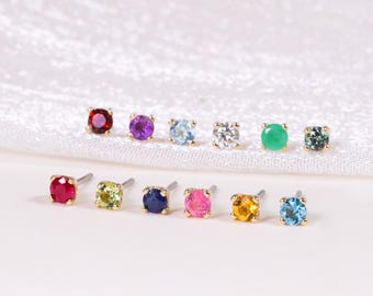 14K Solid Gold Birthstone Earring, Tiny Daith Helix Conch Cartilage Stud, Birthday Gift for Her, Flat Back Earlobe Piercing