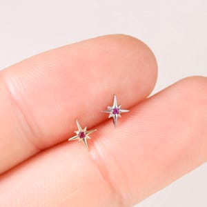 14k Solid Gold Ruby Star Cartilage Stud/Tiny Earlobe Conch Helix Tragus Piercing/Threadless Nose Stud/Flat Back Earring/Summer Beach Jewelry