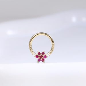 14K Solid Gold Ruby Flower Clicker Ring, Moissanite Floral Cartilage Helix Hoop, Dainty Septum Nose Piercing, Real Gemstone Jewelry Gift 16g
