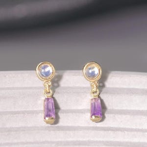 14K Solid Gold Amethyst Dangle Stud/Moonstone Cartilage Piercing Stud/Conch Drop Stud/Helix Earring/Flat Back Earring/Threadless Push Pin