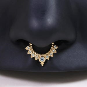 14K Solid Gold Swiss Blue Topaz Clicker Ring/Crown Design Septum Hoop/Marquise Gemstone Conch Daith Cartilage Piercing Jewelry/Nose Ring 16g