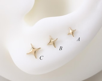 14K Solid Gold Puffy Star Stud Earring, Dainty Gold Cartilage Conch Piercing, Minimal Helix Tragus Jewelry, Tiny Celestial Star Stud Gift
