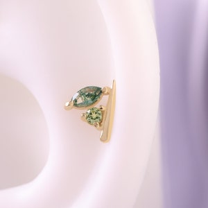 14k Solid Gold Moss Agate Leaf Stud Earring/Peridot Cartilage Piercing Stud/Helix Conch Stud/Threadless Push Pin/Flat Back Earring/Nose Stud