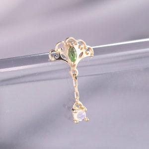 14K Solid Gold Moss Agate Fan Shape Dangle Earring/Threadless Cartilage Piercing/Flat Back Earring/Helix/Tragus Dangle Chain Moonstone Stud
