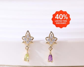 14k Gold Dangle Amethyst Peridot Floral Earring: Helix Cartilage Stud