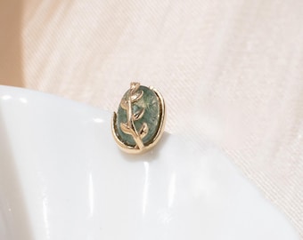 14k Solid Gold Moss Agate Leaf Stud Earring/Moss Agate Helix Conch Stud Piercing/Flat Back Piercing Earring/Threadless Push Pin Earring