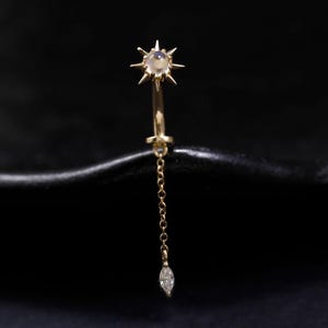 Pendiente de oro macizo de 14 quilates con piedra lunar en forma de estrella, pendiente colgante de moissanita marquesa con barra curva, piercing para el ombligo, joyería corporal ajustada.