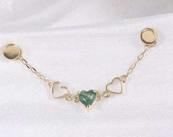 14k Solid Gold Moss Agate Chain Attachment/Heart Shape Chain Piercing/Linking Chain Connector/Moss Agate Loop Chain/Dangle Cartilage Chain