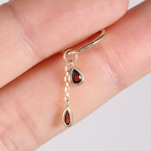 14K Solid Gold Garnet Pear Shape Charm/Gold Hoop Charm/Dangle Hoop Clicker Charm/Garnet Drop Earring/Dangle Chain Gemstone Charm