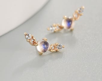 14K Gold Moonstone Swiss Blue Topaz Stud Earring: Celestial Piercing