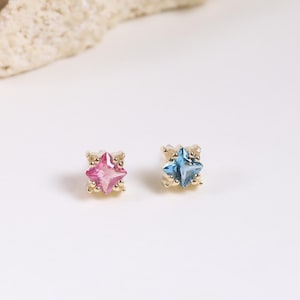 14K Solid Gold Pink Tourmaline Star Earring/London Blue Topaz Cartilage Stud/Dainty Helix Nose Piercing/Conch Tragus Piercing/Labret Stud