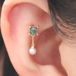 14K Solid Gold Moss Agate Dangle Earring/Dainty Pearl Drop Earring/Conch Helix Cartilage Piercing/Threadless Push Pin Stud/Flat Back Earring