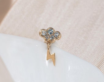 14K Solid Gold Swiss Blue Topaz Clouds Earring/Lightning Dangle Drop/Flat Back Stud/Threadless Push Pin Labret /Conch Helix Piercing Stud
