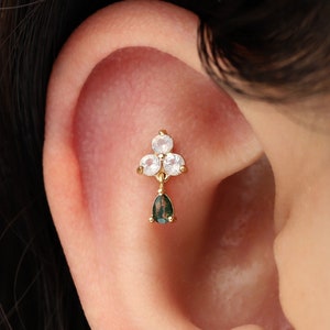 14K Solid Gold Moss Agate Drop Earring/Moonstone Pear Dangle Piercing/Garnet Cartilage Conch Stud/Flat Back Earring/Threadless Push Pin