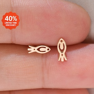 14K Solid Gold winziger Fisch Ohrring/zierlicher Fisch flache Rückseite Piercing/Conch Knorpel Helix Tragus Ohrstecker/threadless Push Pin/Nasenstecker