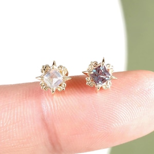 14K Solid Gold Floral Square Alexandrite Stud/Labradorite Topaz Starburst Stud/Conch Tragus Piercing/Labret Stud/Threadless Push Pin