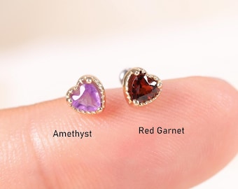14k Solid Gold Heart Stud Earring, Garnet or Amethyst, Minimalist Cartilage Helix Piercing, Gift For Her