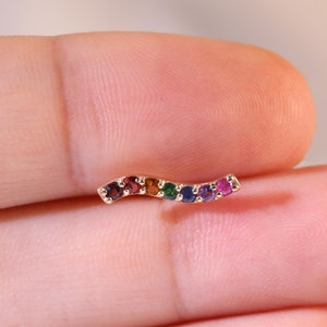 14K Solid Gold Rainbow Garnet Blue Sapphire Stud/S Shaped Citrine Stud/Ruby Amethyst Tsavorite Earring/Flat Back Stud/Threadless Push Pin