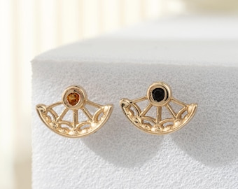 14K Solid Gold Black Onyx Citrine Earring/Delicate Fan Shape Gemstone Piercing/Cartilage Conch Helix Stud/Flat Back Earring/Threadless Stud