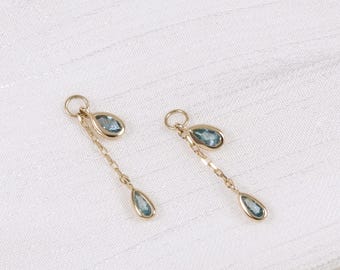 14K Solid Gold London Blue Topaz Chain Dangle Charm, Pear Drop Attachment Jewelry Gift