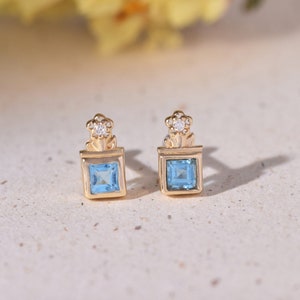 14k Solid Gold Swiss Blue Topaz Flowerpot Helix Stud/Moissanite Princess Cartilage Conch Piercing/Flat Back Earring/Theadless Push Pin