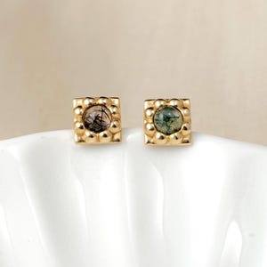 14K Solid Gold Moss Agate Stud Earring/Black Rutilated Quartz Piercing Earring/Flat Push Back Earring/Moss Agate Cartilage Conch Helix Stud
